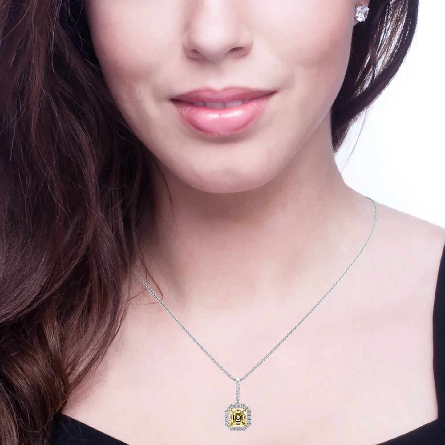 Sterling Fancy Light Yellow Asscher Cut Pendant on 18" Sterling Silver 1.1mm Round Wheat Chain by Bling