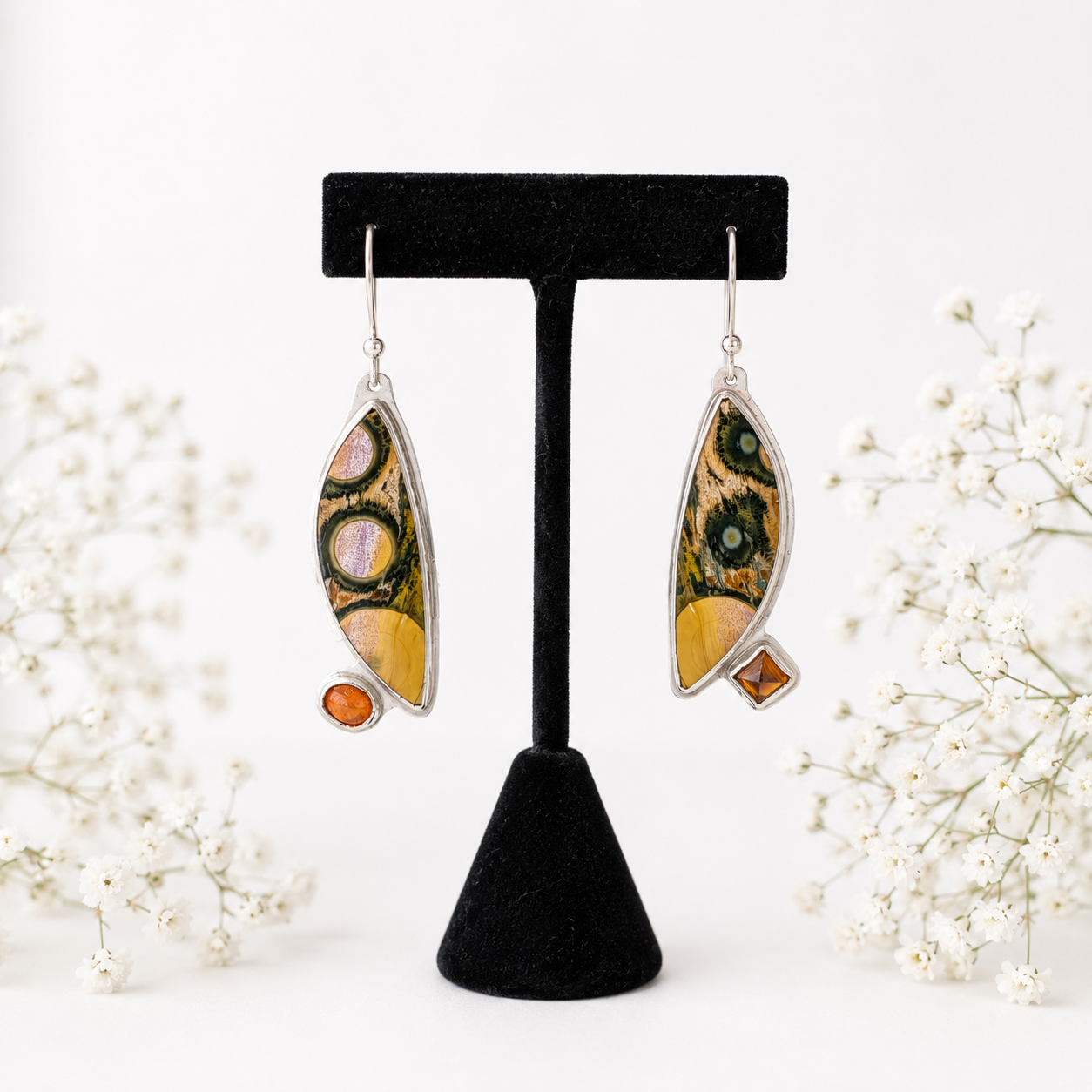 VS192 Earrings - Mookite , Ethiopian opal and Hessonite Garnet