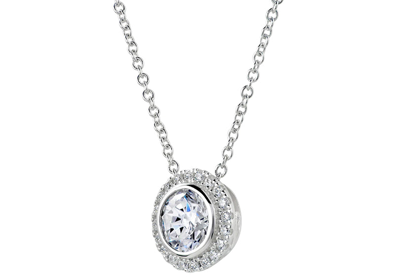 Sterling Silver 2 Carat Round Pendant Necklace with Halo by Bling