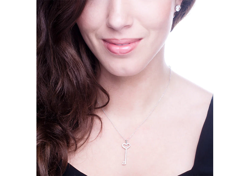 Sterling Silver Thin Pavé Heart Key Necklace by Bling