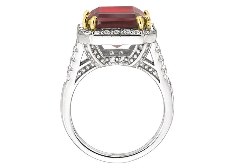 Sterling Silver 8 Carat Deep Crimson Emerald Cut Ring with 18 KGP Prongs by Bling