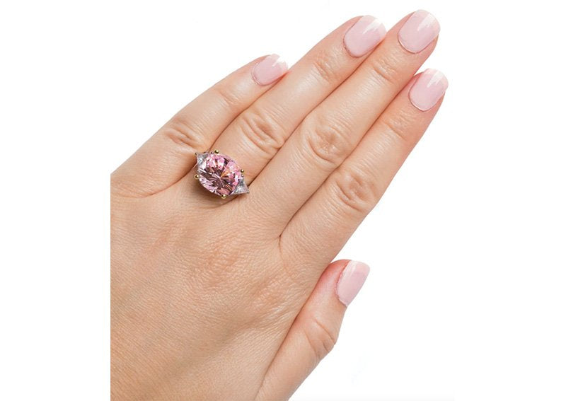 Sterling Silver Fancy Light Pink Radiant Cushion and Clear Trillion Ring with 18 KGP Prongs by Bling