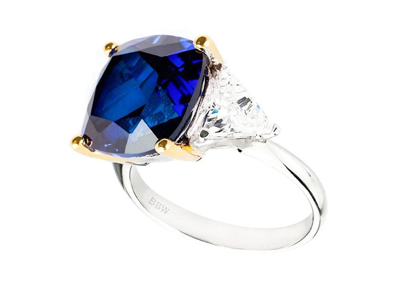 Sterling Silver Lab Created Sapphire Cushion and Clear Trillion Ring with 18 KGP Prongs