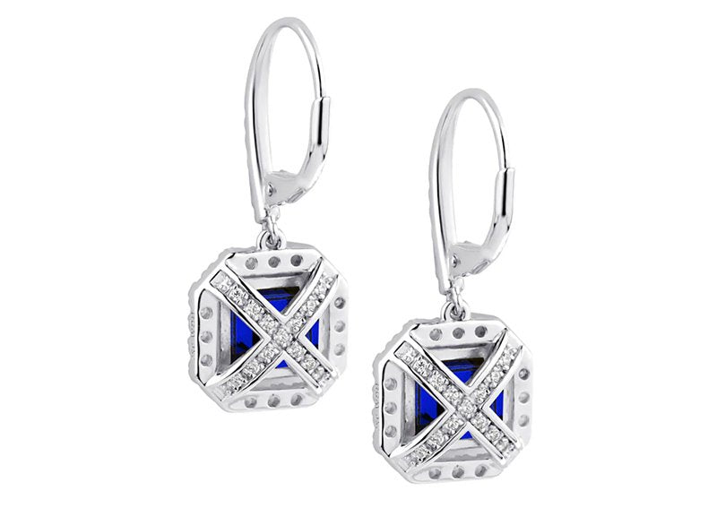 Sterling Silver Lab Created Sapphire Cushion Cut Drops with 18 KGP Prongs & Stone Detailing on Back by Bling