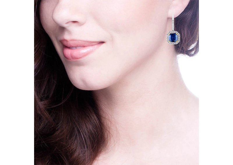 Sterling Silver Lab Created Sapphire Cushion Cut Drops with 18 KGP Prongs & Stone Detailing on Back by Bling