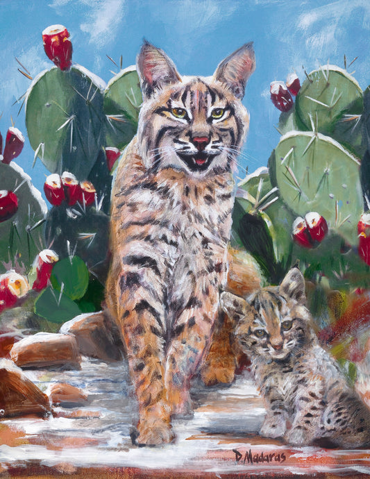 Wildcat Family in Snow- Matted Print