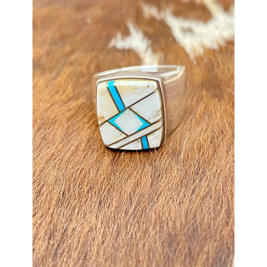 Sterling Solid Flared Shank Ring, White Buffalo gemstone & turquoise inlay square face