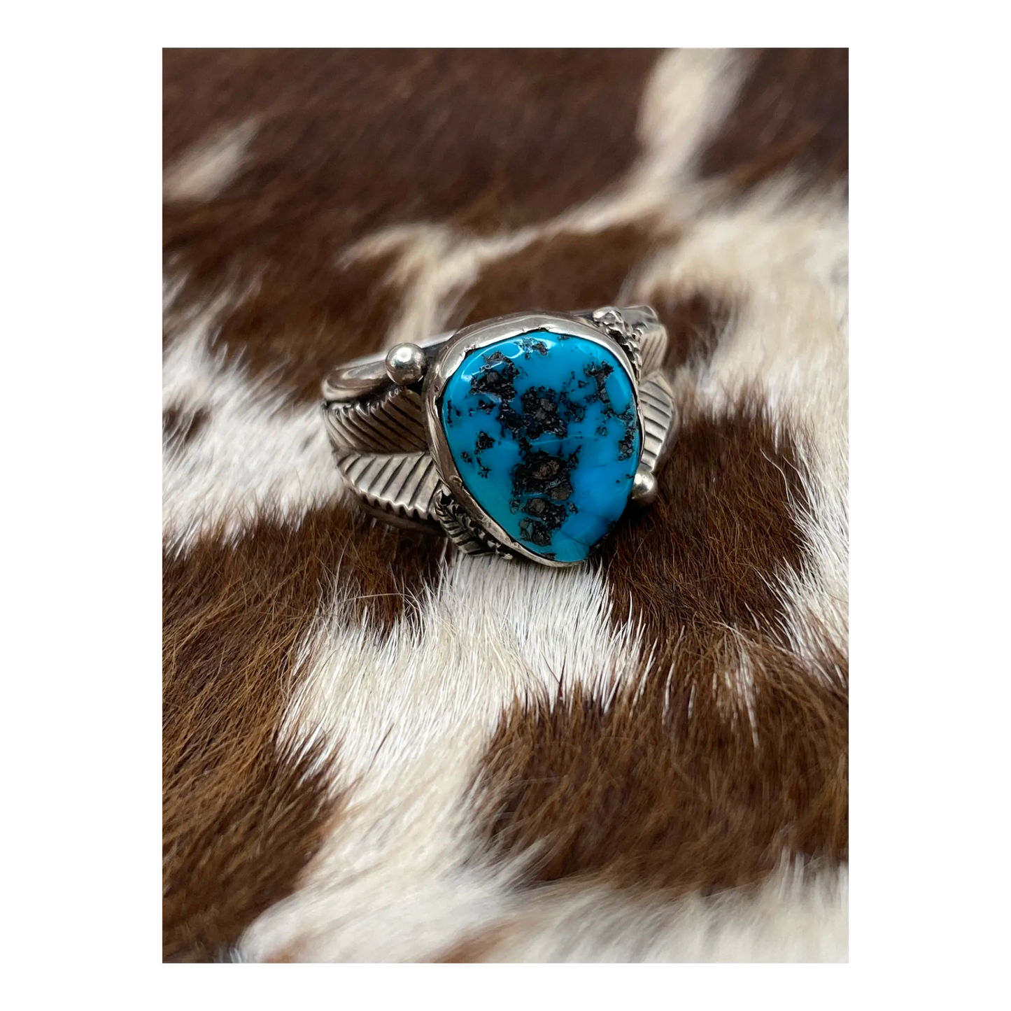 VTG Split Shank Sterling Ring Teardrop Turquoise w black Matrix