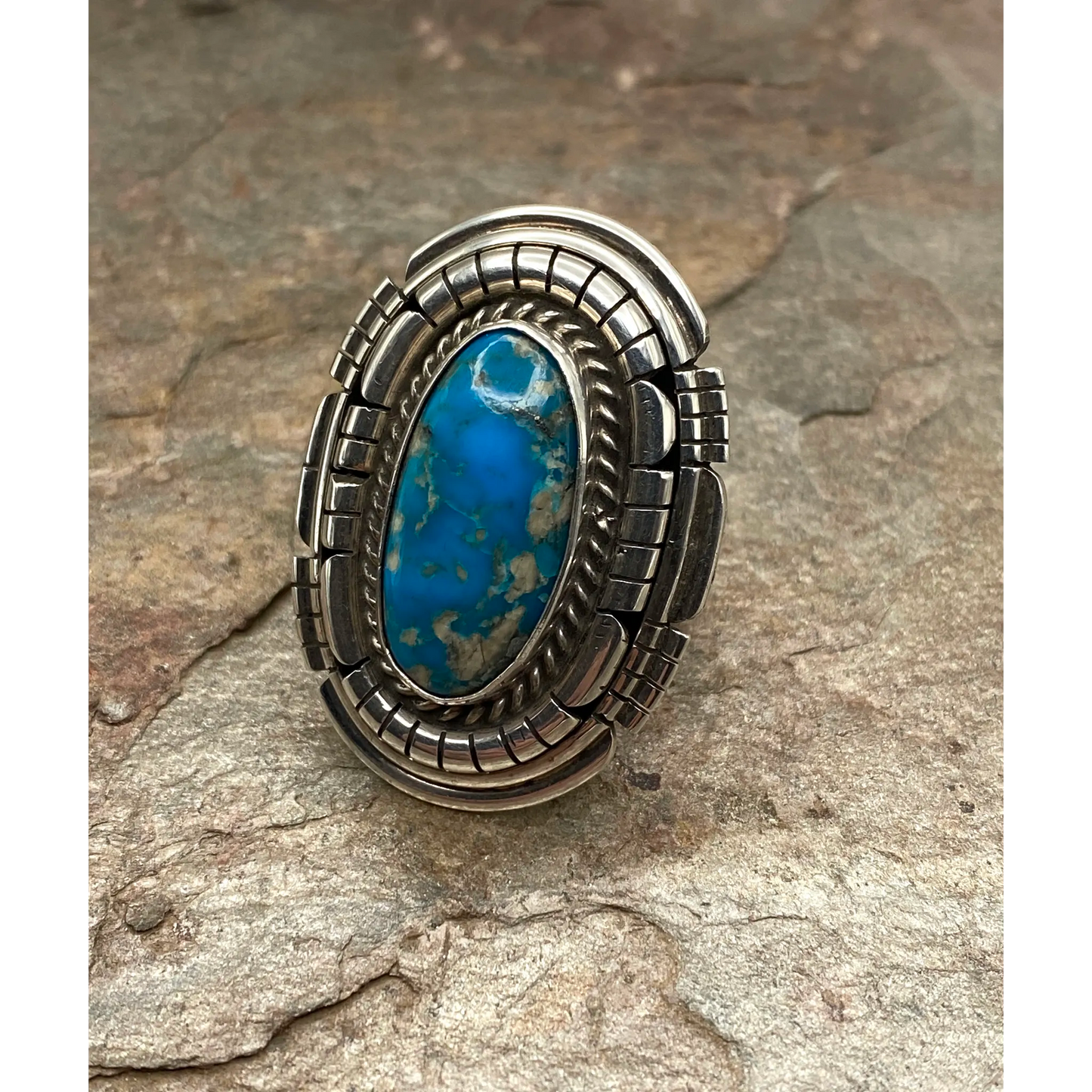 Sterling Ring size 9 - adjustable, quadruple bezel, w large Kingman turquoise