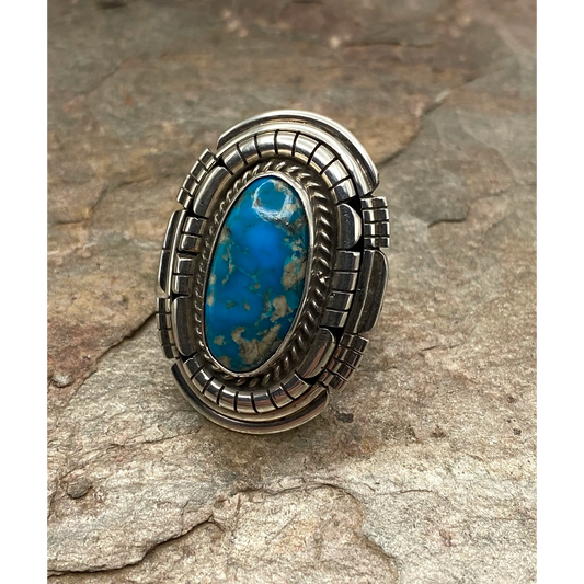 Sterling Ring size 9 - adjustable, quadruple bezel, w large Kingman turquoise