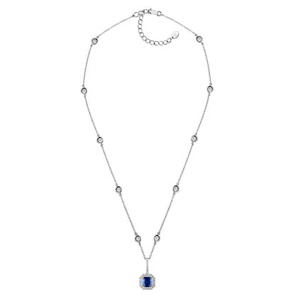 Sterling Lab Created Sapphire Cushion Cut Pendant on 18" Regal Short Floating Chain by Bling