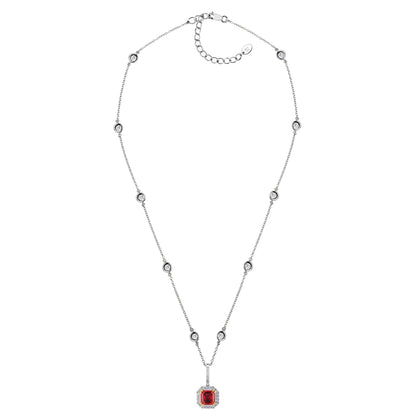 Sterling Garnet Hued Asscher Cut Pendant on 18" Regal Short Floating Chain by Bling