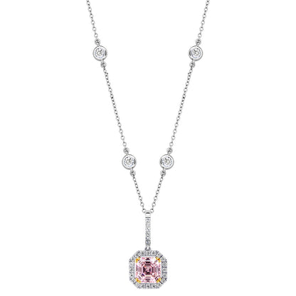 Sterling Fancy Light Pink Asscher Cut Pendant on 18" Regal Short Floating Chain by Bling
