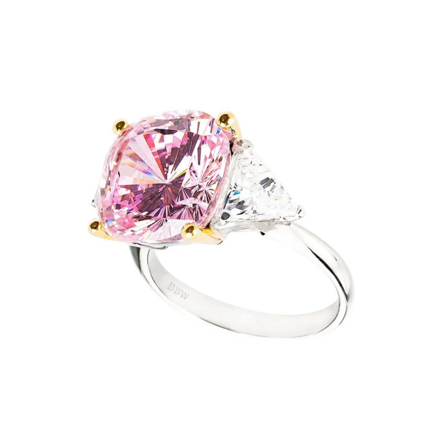 Sterling Silver Fancy Light Pink Radiant Cushion and Clear Trillion Ring with 18 KGP Prongs by Bling