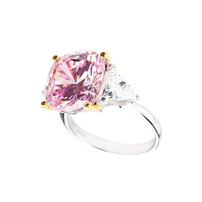 Sterling Silver Fancy Light Pink Radiant Cushion and Clear Trillion Ring with 18 KGP Prongs by Bling