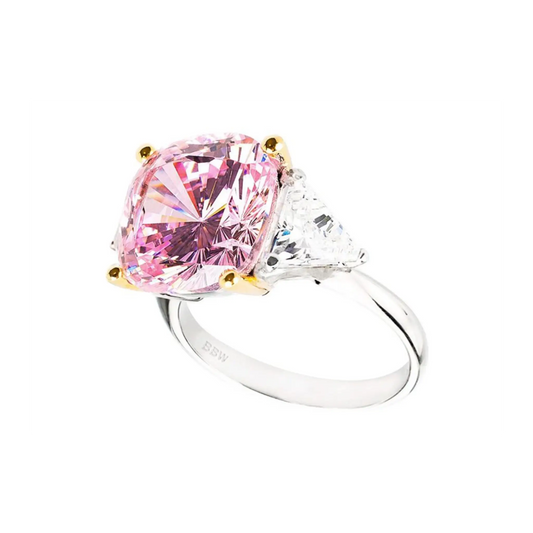 Sterling Silver Fancy Light Pink Radiant Cushion and Clear Trillion Ring with 18 KGP Prongs by Bling