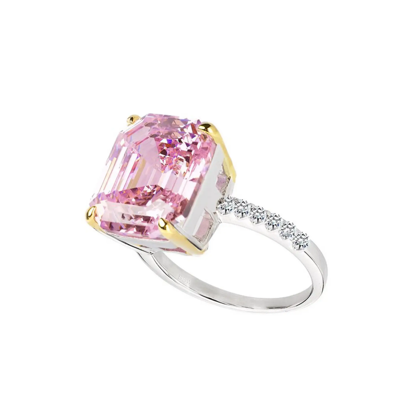 Sterling Silver Pink Asscher/Emerald-Cut Aspen Ring with 18 KGP Prongs-Bling by Wilkening Invented Cut