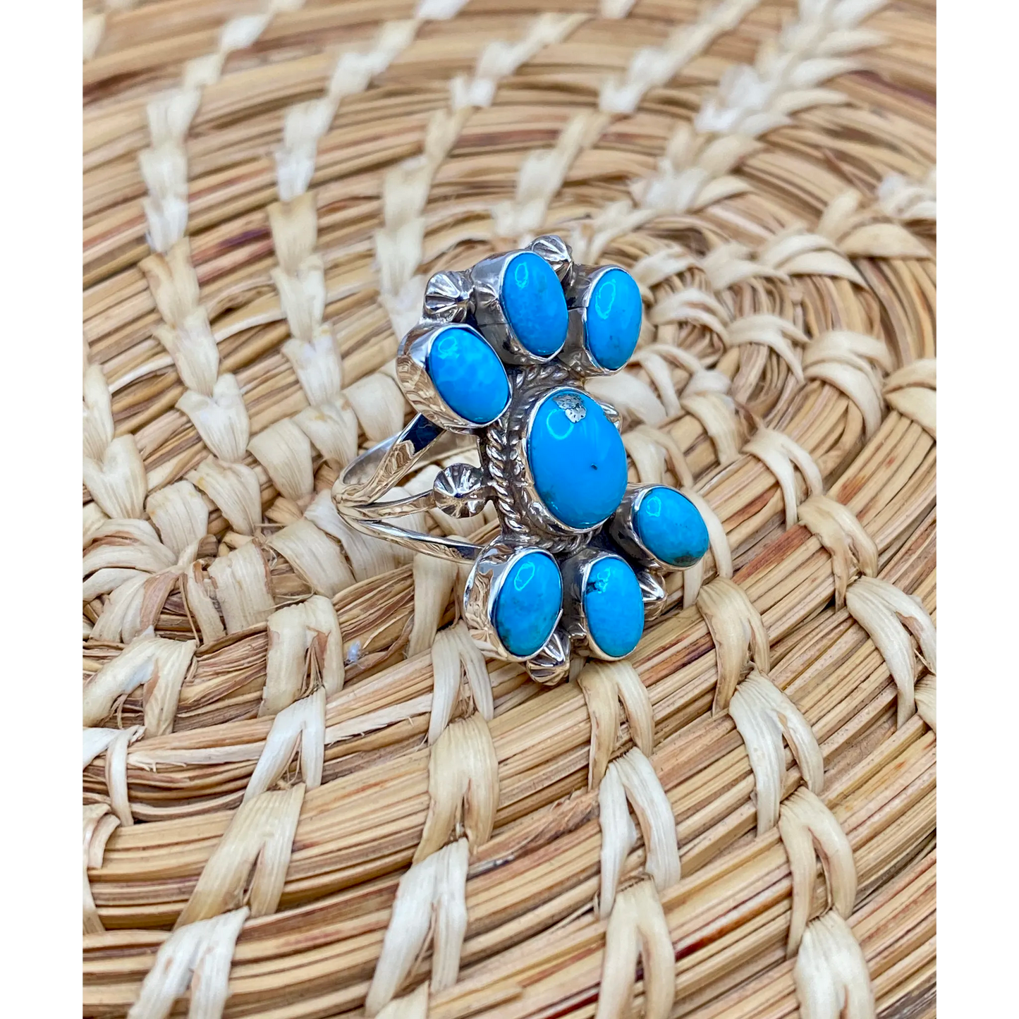 Sterling Ring w/ 7 Kingman TQ oval stones Size 8.25