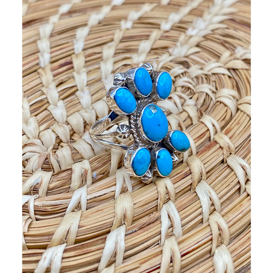 Sterling Ring w/ 7 Kingman TQ oval stones Size 8.25