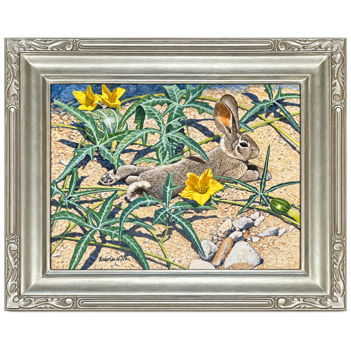 Among the Stars by Nicholas Wilson, framed wildlife artwork depicting a desert rabbit surrounded by yellow flowers