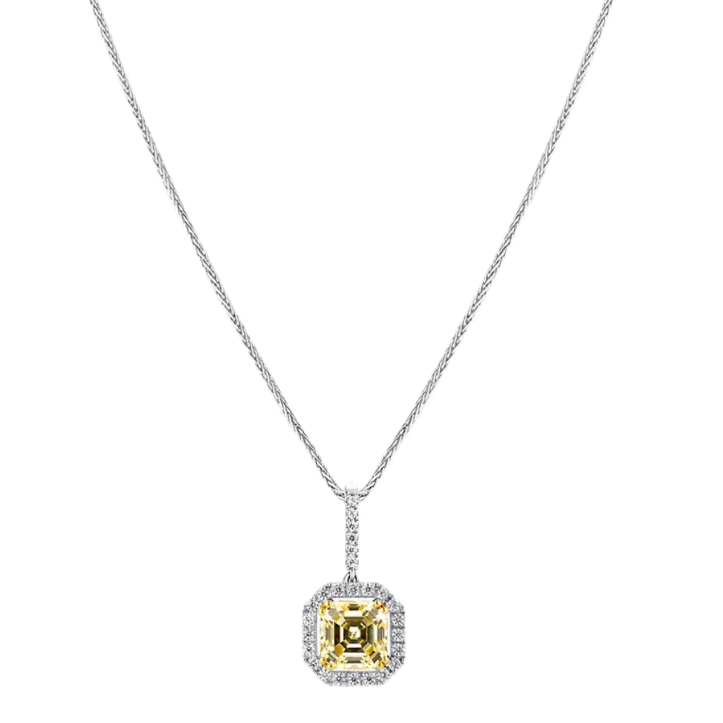 Sterling Fancy Light Yellow Asscher Cut Pendant on 18" Sterling Silver 1.1mm Round Wheat Chain by Bling