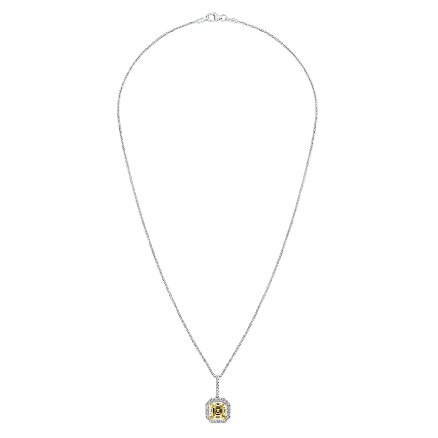 Sterling Fancy Light Yellow Asscher Cut Pendant on 18" Sterling Silver 1.1mm Round Wheat Chain by Bling