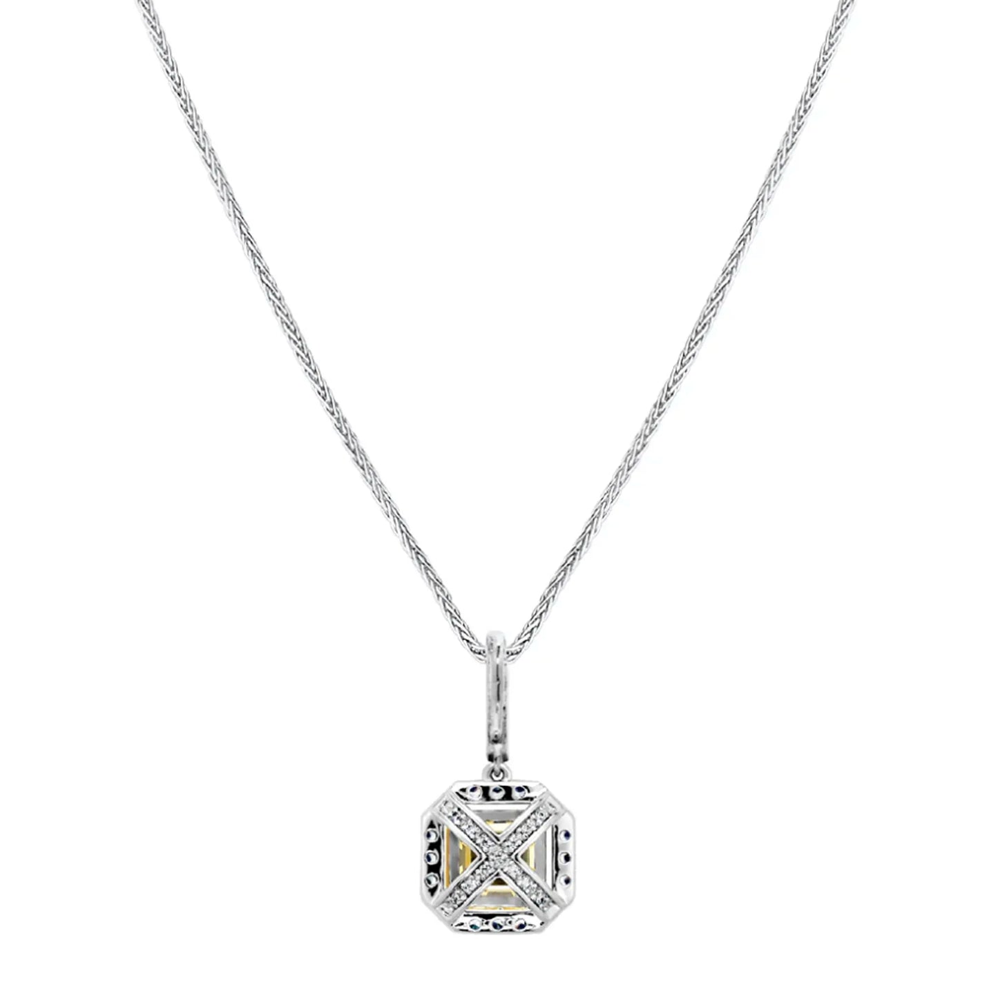Sterling Fancy Light Yellow Asscher Cut Pendant on 18" Sterling Silver 1.1mm Round Wheat Chain by Bling