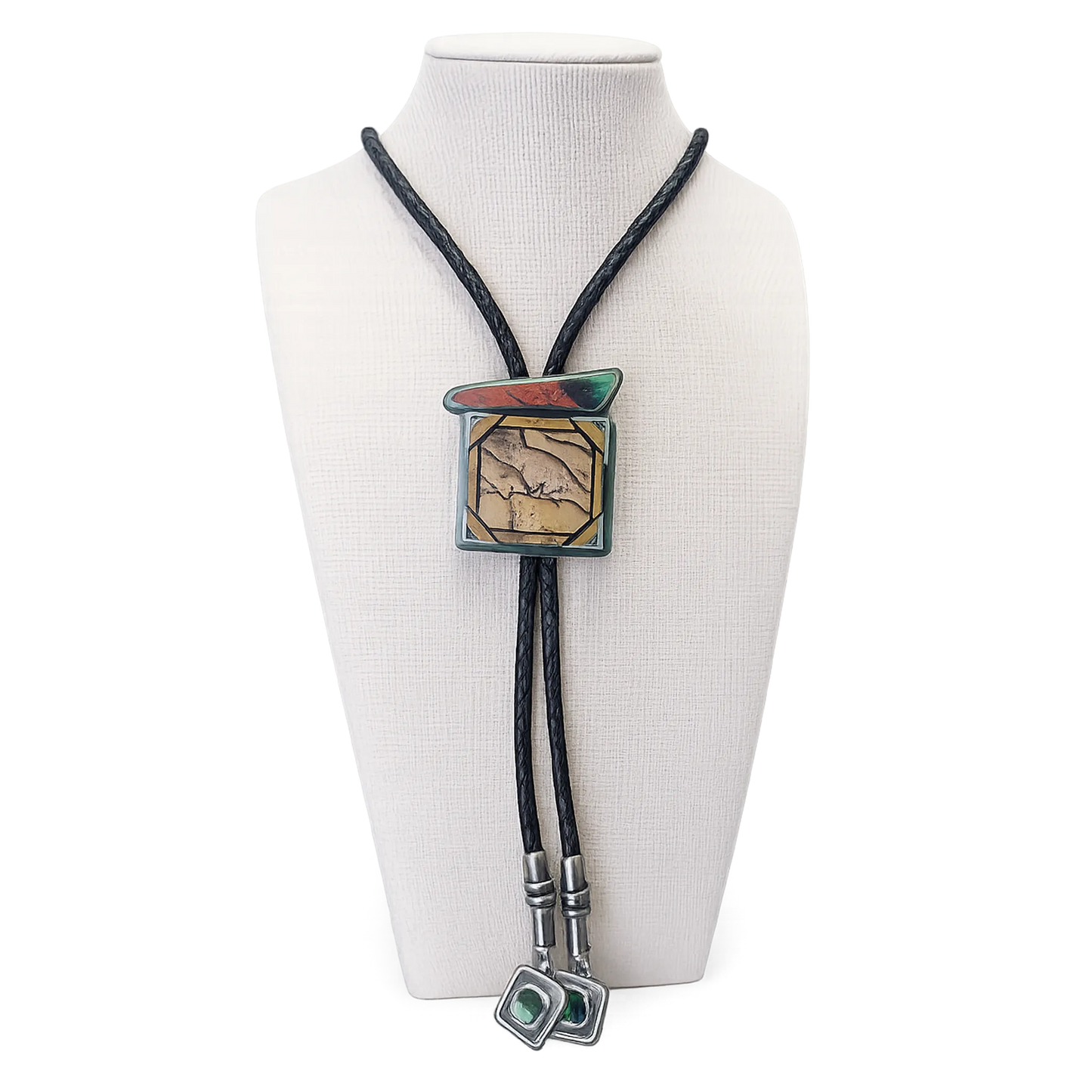 VS201 Bolo Tie Sonoran sunset, Jasper Intarsia, and green Garnet