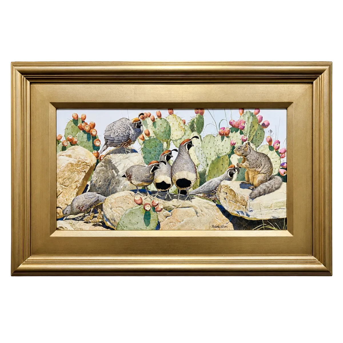 Desert Encounter by Nicholas Wilson featuring Gambel’s quail and a squirrel among prickly pear cactus