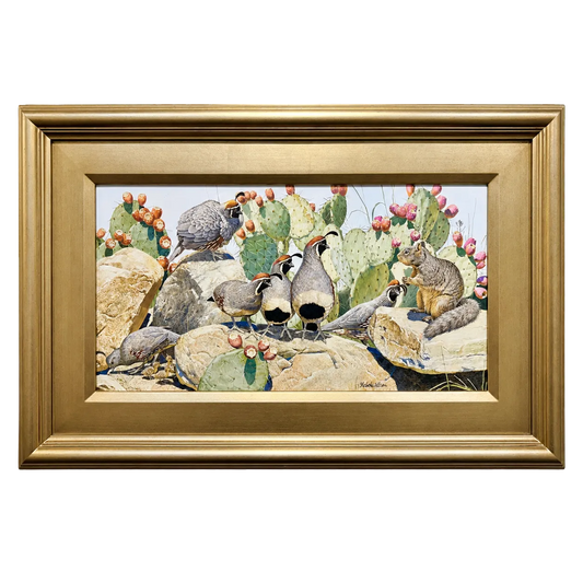 Desert Encounter by Nicholas Wilson featuring Gambel’s quail and a squirrel among prickly pear cactus