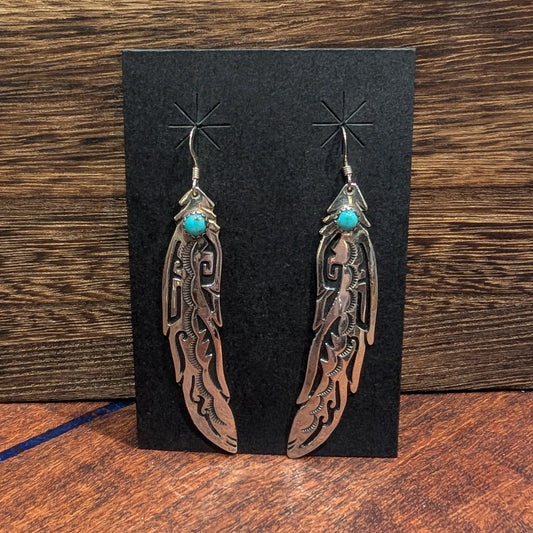 Sterling Silver Turquoise Feather Earrings T&R Singer Handmade