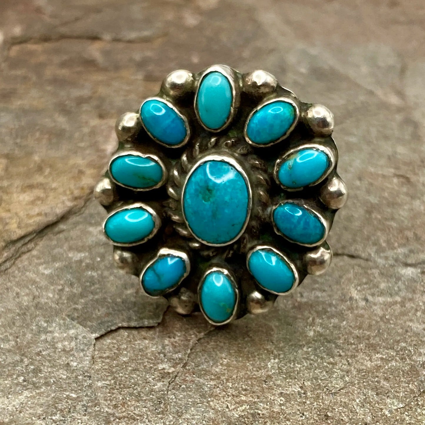 VTG Sterling Ring -  Turquoise Halo Cluster - size 8.25