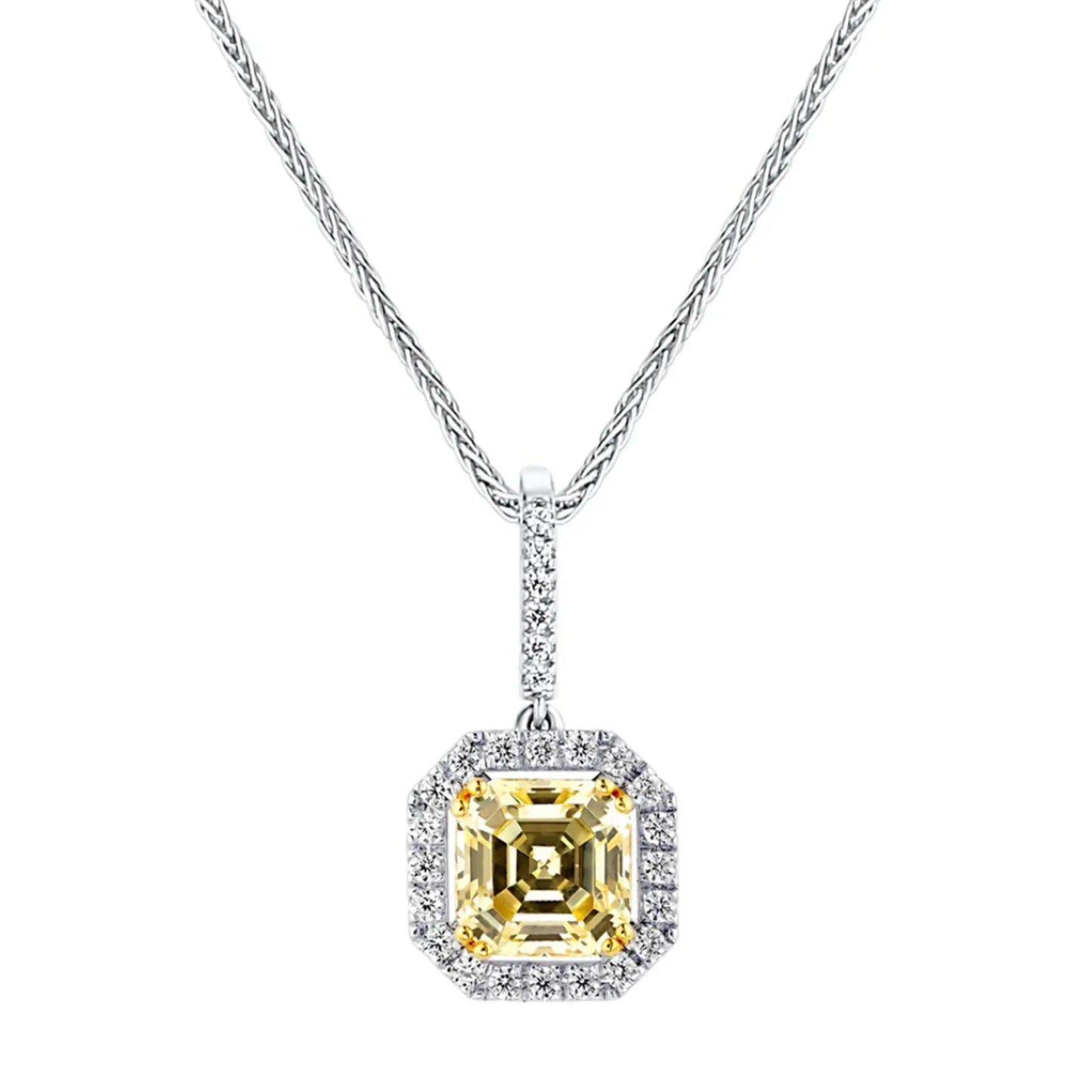 Sterling Fancy Light Yellow Asscher Cut Pendant on 18" Sterling Silver 1.1mm Round Wheat Chain by Bling
