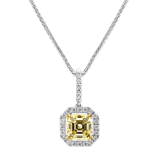 Sterling Fancy Light Yellow Asscher Cut Pendant on 18" Sterling Silver 1.1mm Round Wheat Chain by Bling