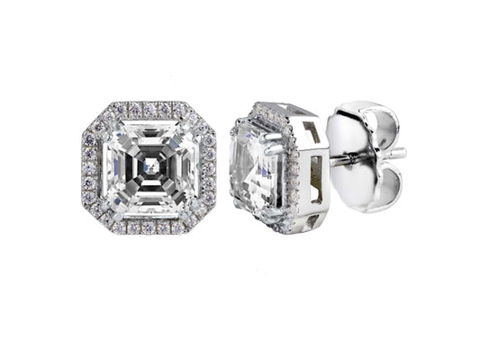 Sterling Silver 3 Carat Clear Asscher Cut Studs with Halo by Bling