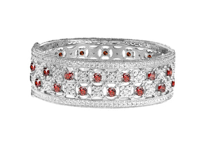 Silver Garnet-Hued Florentine Cuff with Perimeter Stones