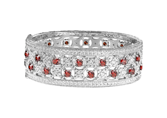 Silver Garnet-Hued Florentine Cuff with Perimeter Stones