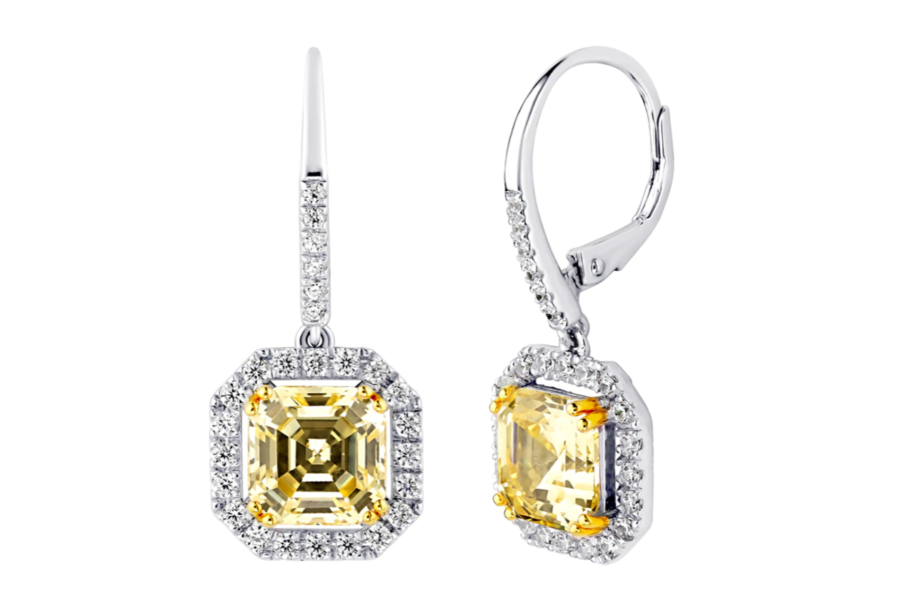 Sterling Silver Fancy Light Yellow Asscher Cut Drops with 18 KGP Prongs and Stone Detailing on Back by Bling