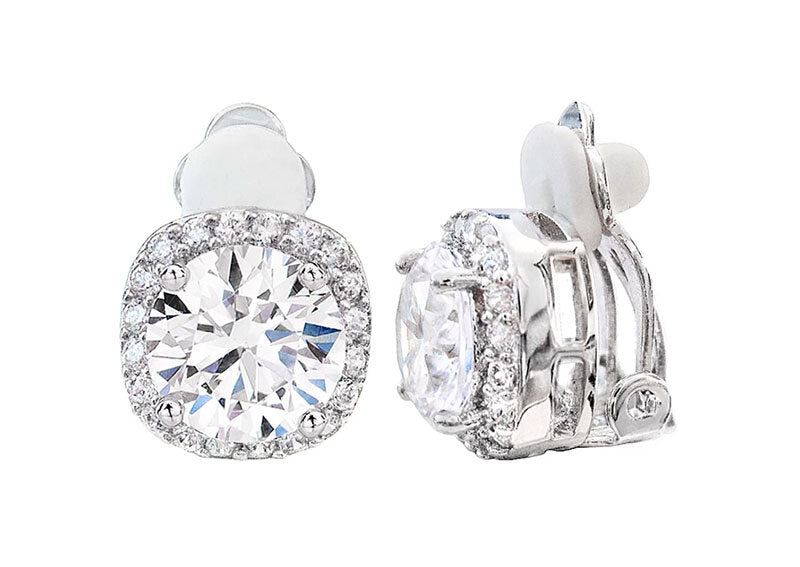 Silver 3 Carat Cushion Cut Clip Earrings by Bling