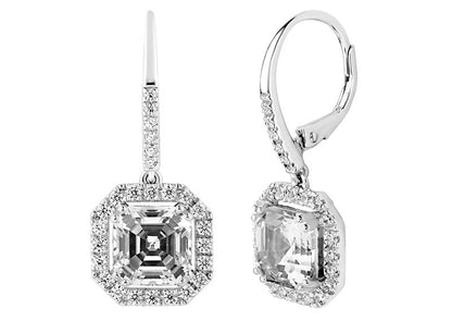 Silver Clear Asscher Cut Drops with Halo & Stone Detailing on Back by Bling
