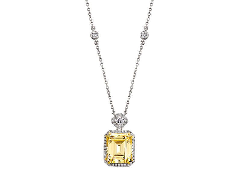 Silver Fancy Light Yellow Emerald Cut Station Necklace with 18 KGP Prongs by Bling