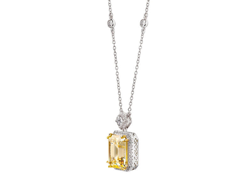 Silver Fancy Light Yellow Emerald Cut Station Necklace with 18 KGP Prongs by Bling