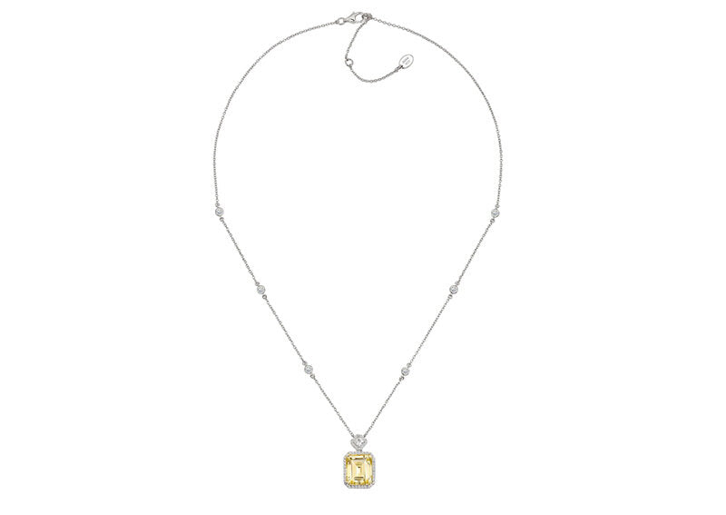 Silver Fancy Light Yellow Emerald Cut Station Necklace with 18 KGP Prongs by Bling