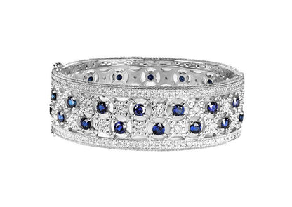 Silver Lab Created Sapphire Florentine Cuff with Perimeter Stones by Bling