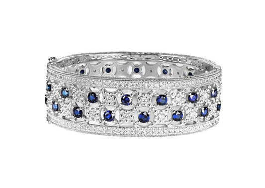 Silver Lab Created Sapphire Florentine Cuff with Perimeter Stones by Bling
