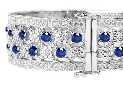 Silver Lab Created Sapphire Florentine Cuff with Perimeter Stones by Bling