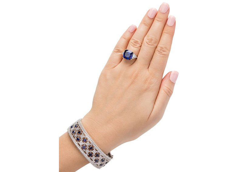 Silver Lab Created Sapphire Florentine Cuff with Perimeter Stones by Bling