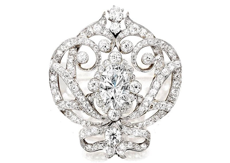 Silver Ornate Regal Brooch with Clear Center Stone by Bling