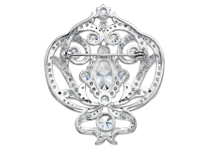 Silver Ornate Regal Brooch with Clear Center Stone by Bling