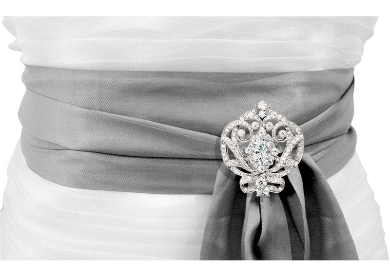 Silver Ornate Regal Brooch with Clear Center Stone by Bling
